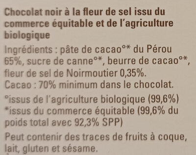 Chocolat Bio Noir Pérou 70% Fleur De Sel De Camargue