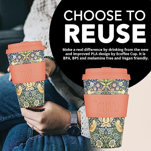 14oz 400ml William Morris Reusable Eco-Friendly 100% Plant Based Coffee Cup - Melamine Free & Biodegradable Dishwasher/Microwave Safe Travel Mug, Stra