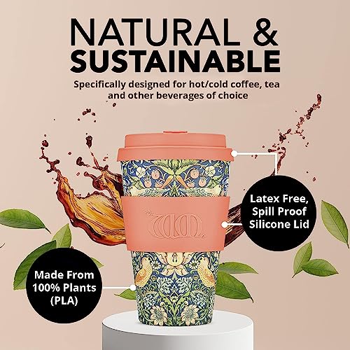 14oz 400ml William Morris Reusable Eco-Friendly 100% Plant Based Coffee Cup - Melamine Free & Biodegradable Dishwasher/Microwave Safe Travel Mug, Stra