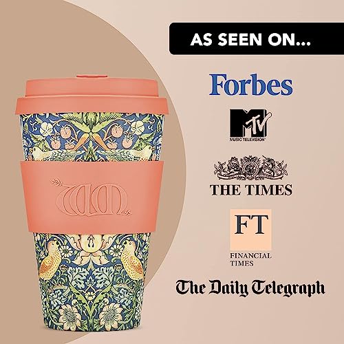 14oz 400ml William Morris Reusable Eco-Friendly 100% Plant Based Coffee Cup - Melamine Free & Biodegradable Dishwasher/Microwave Safe Travel Mug, Stra