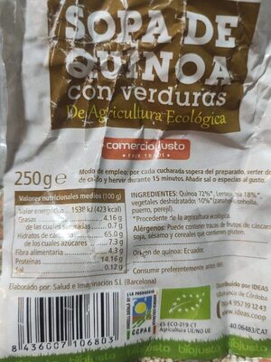 Sopa de Quinoa con Verduras. Bio. Ecuador