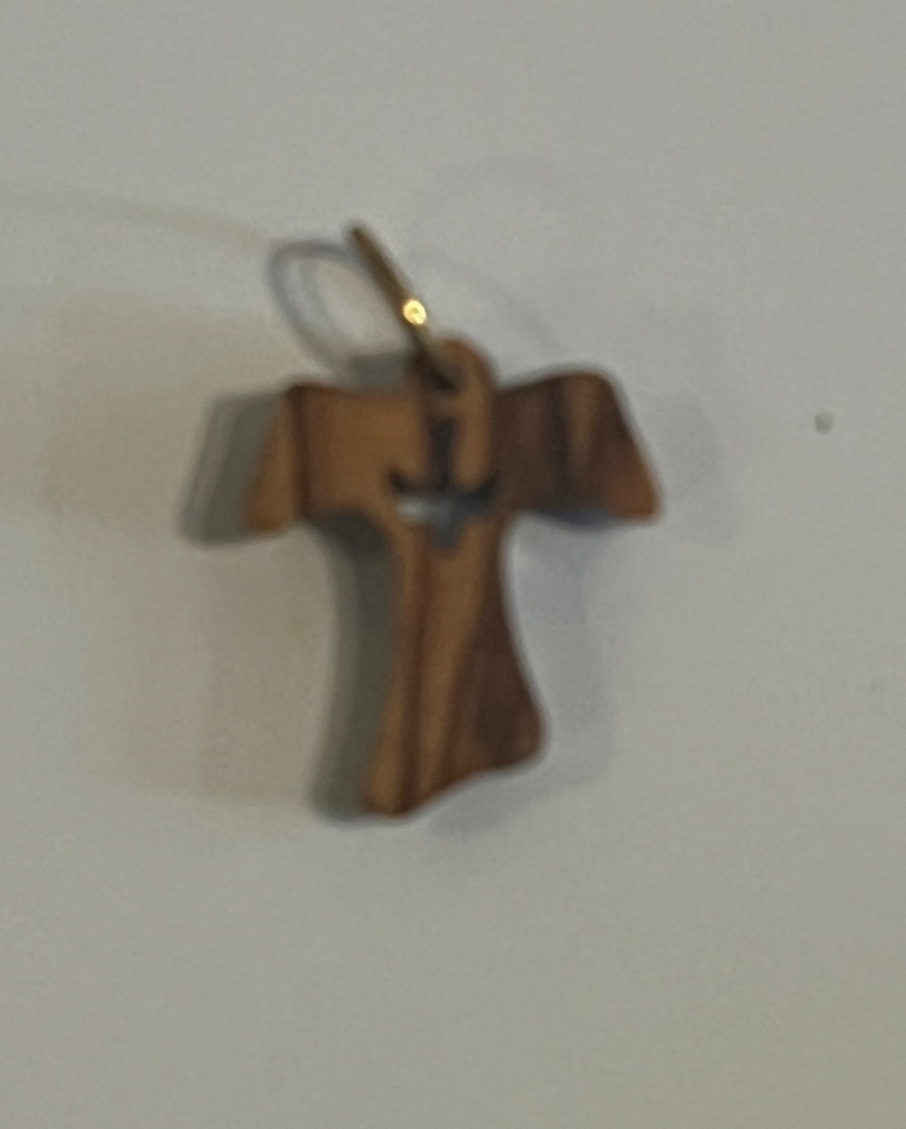 Colgante Cruz Tau con Paloma. Madera de Olivo Palestina.